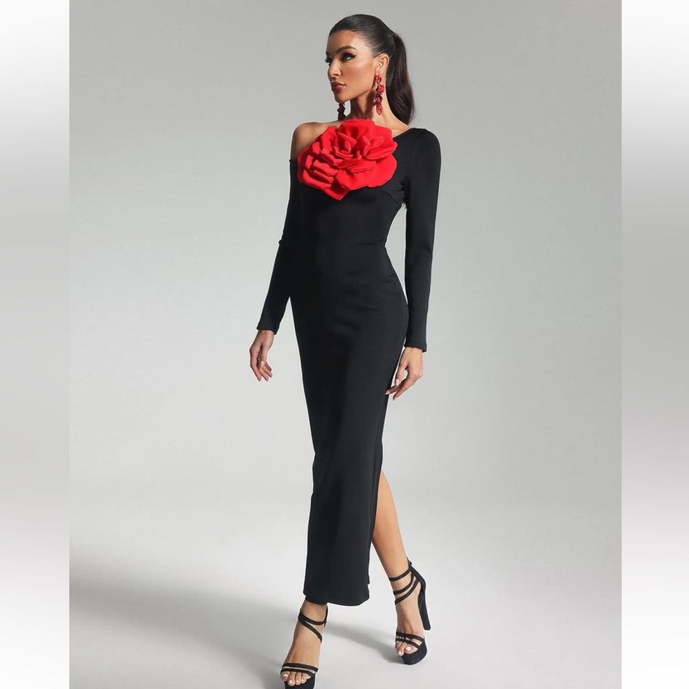 Bella Barnett Dress Womens Small 3D Flower Bodycon Bandage Cocktail Party Black